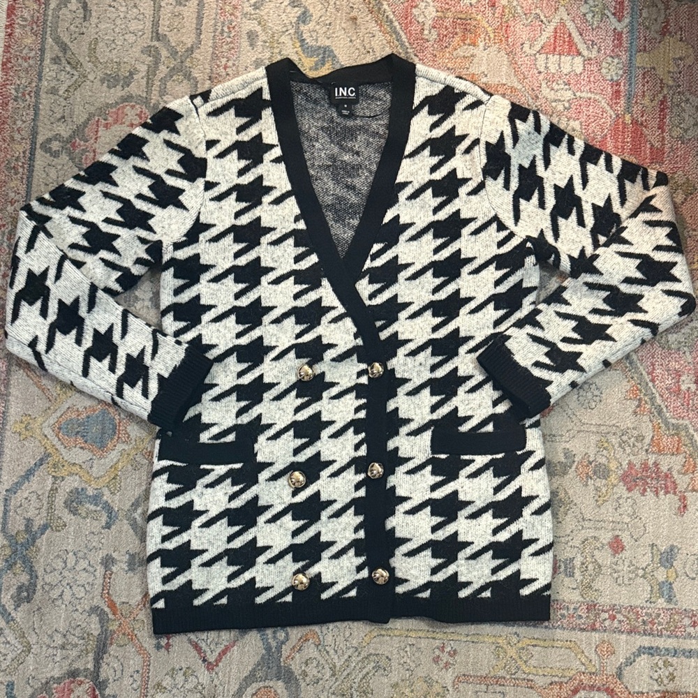 INC International Concepts Black and White Houndstooth Cardigan